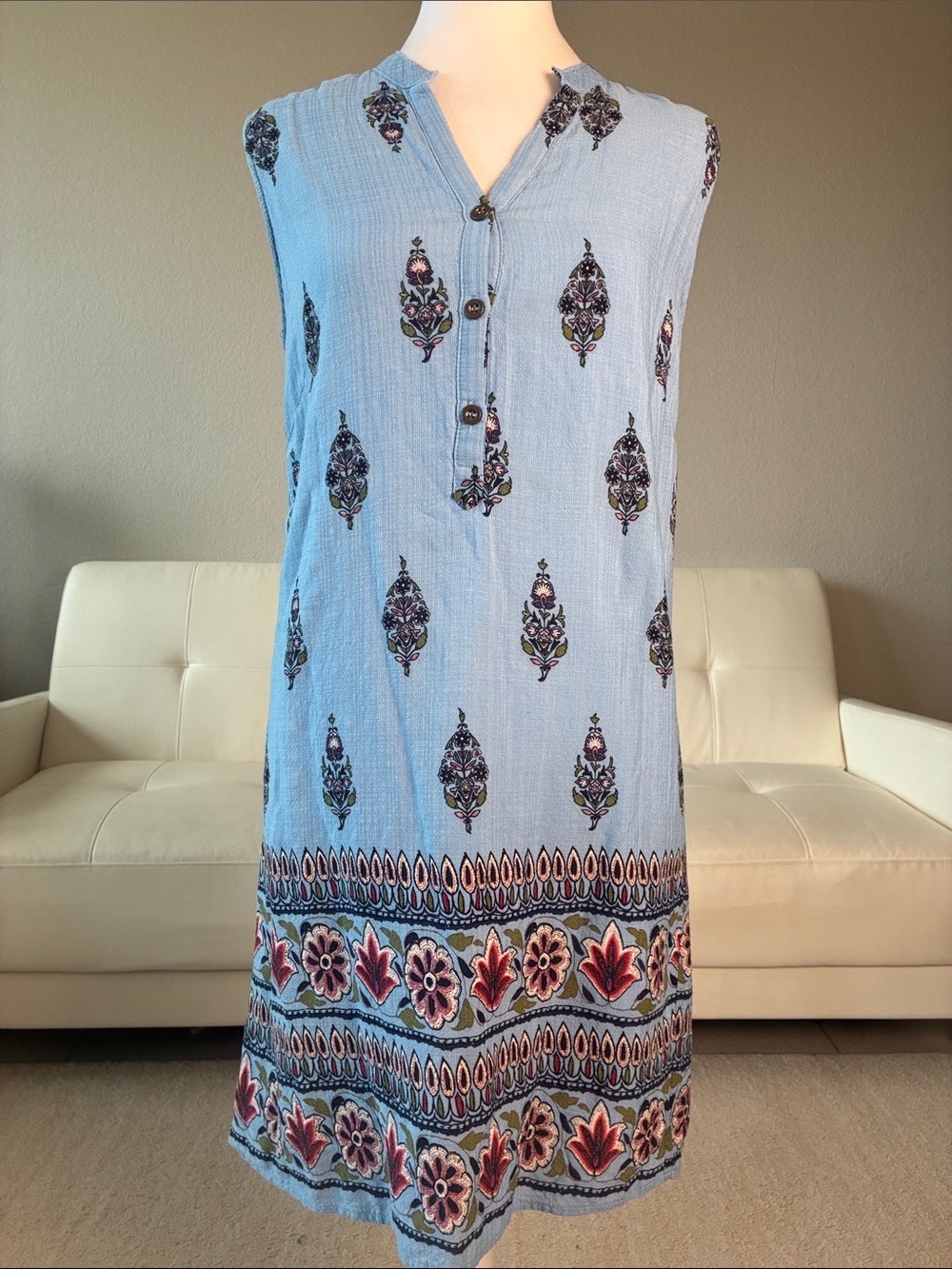 Joy Joy Sleeveless Blue Printed V-Neck Summer Dress